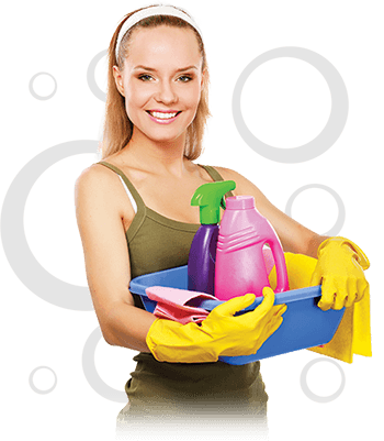 a female cleaner holding her cleaning tools